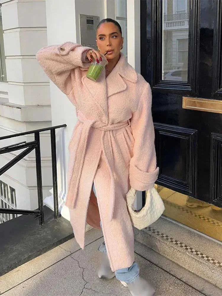 Back To School Joskaa Fashion Women Winter Warm Thicken Faux Lamb Wool Overcoat Chic Pink Lapel Long Sleeve With Belt 2024 New Lady High Streetwear
