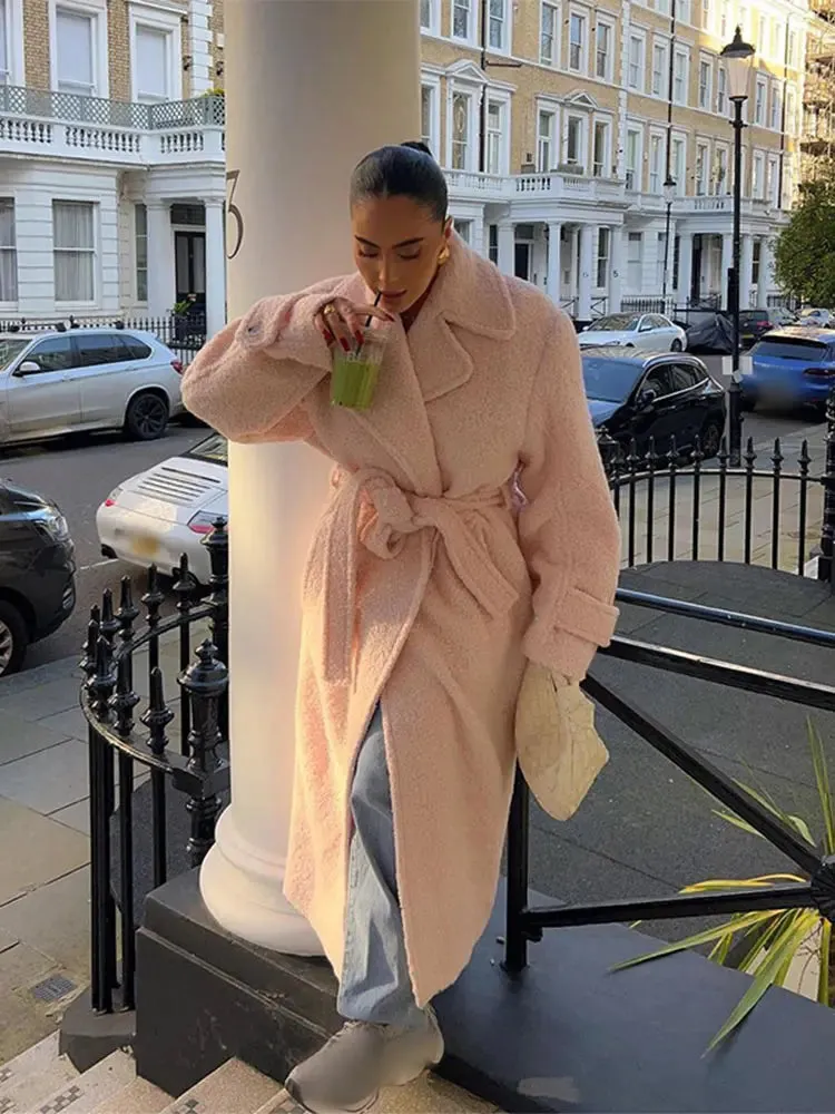 Back To School Joskaa Fashion Women Winter Warm Thicken Faux Lamb Wool Overcoat Chic Pink Lapel Long Sleeve With Belt 2024 New Lady High Streetwear