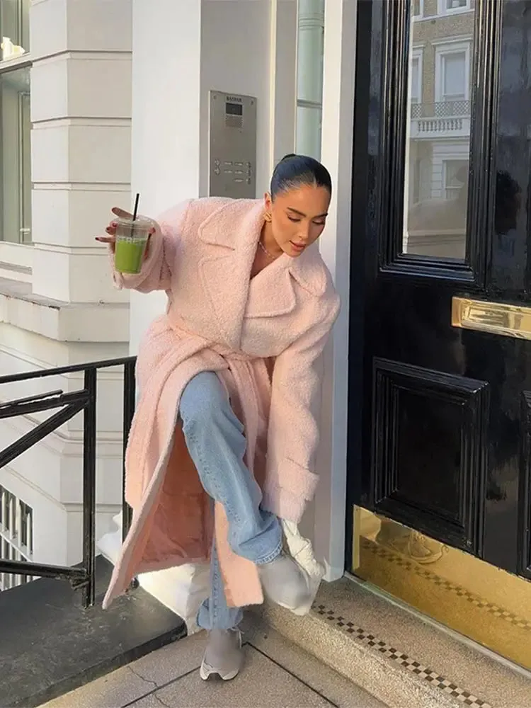 Back To School Joskaa Fashion Women Winter Warm Thicken Faux Lamb Wool Overcoat Chic Pink Lapel Long Sleeve With Belt 2024 New Lady High Streetwear
