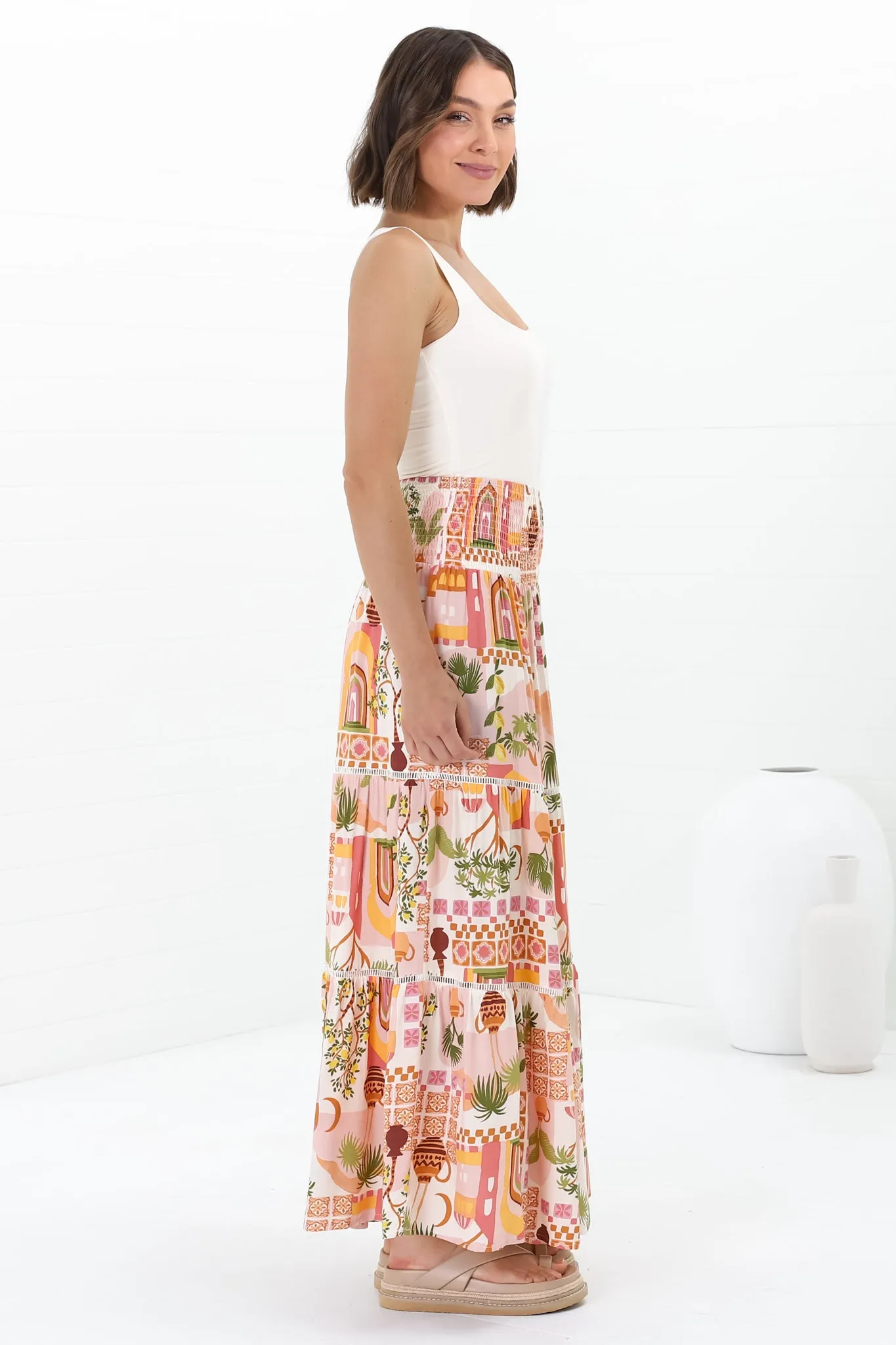 Baroa Maxi Skirt/Midi Dress - Shirred Waistband Tiered Skirt or Dress in Graphic Print