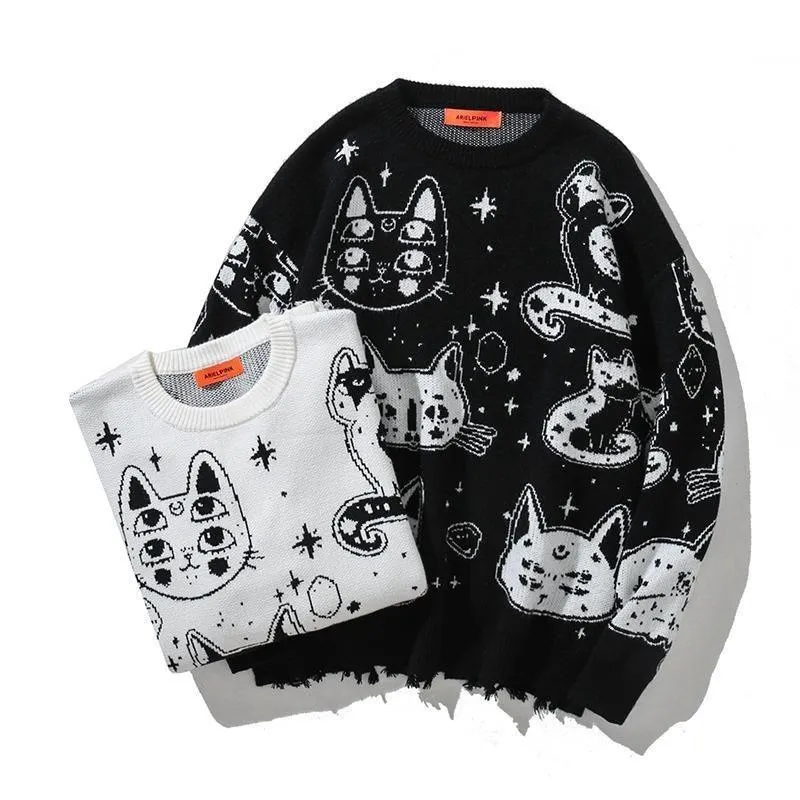 Black and White Cats Knitted Jumpers Casual Sweater Stars Kitten Fun Unique Geek Chic Warm Fun Weird Ugly Pullover