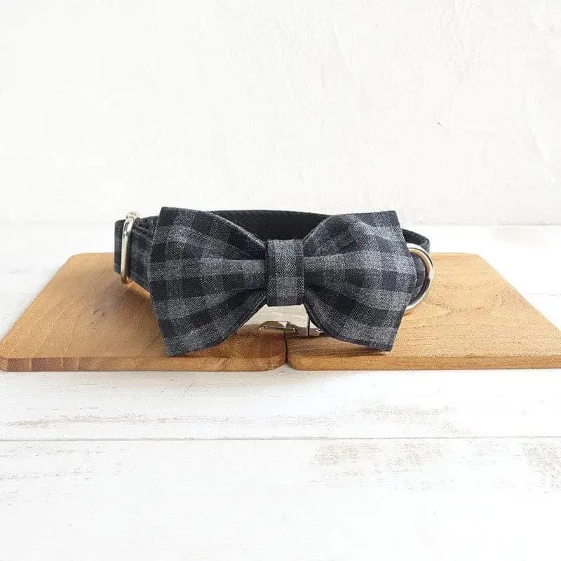 Black Plaid Collar Leash Bowtie Set