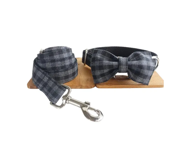 Black Plaid Collar Leash Bowtie Set