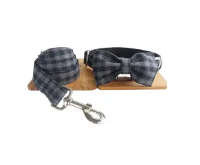 Black Plaid Collar Leash Bowtie Set