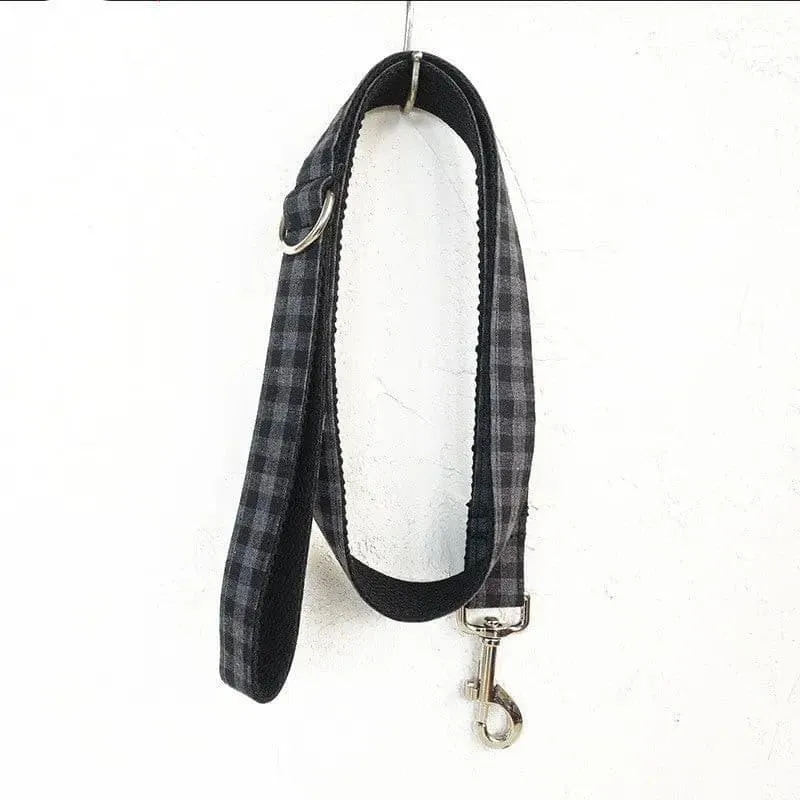 Black Plaid Collar Leash Bowtie Set