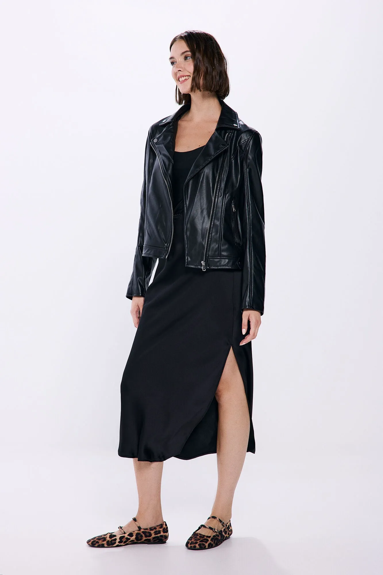 Black satin midi skirt