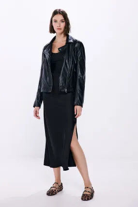 Black satin midi skirt