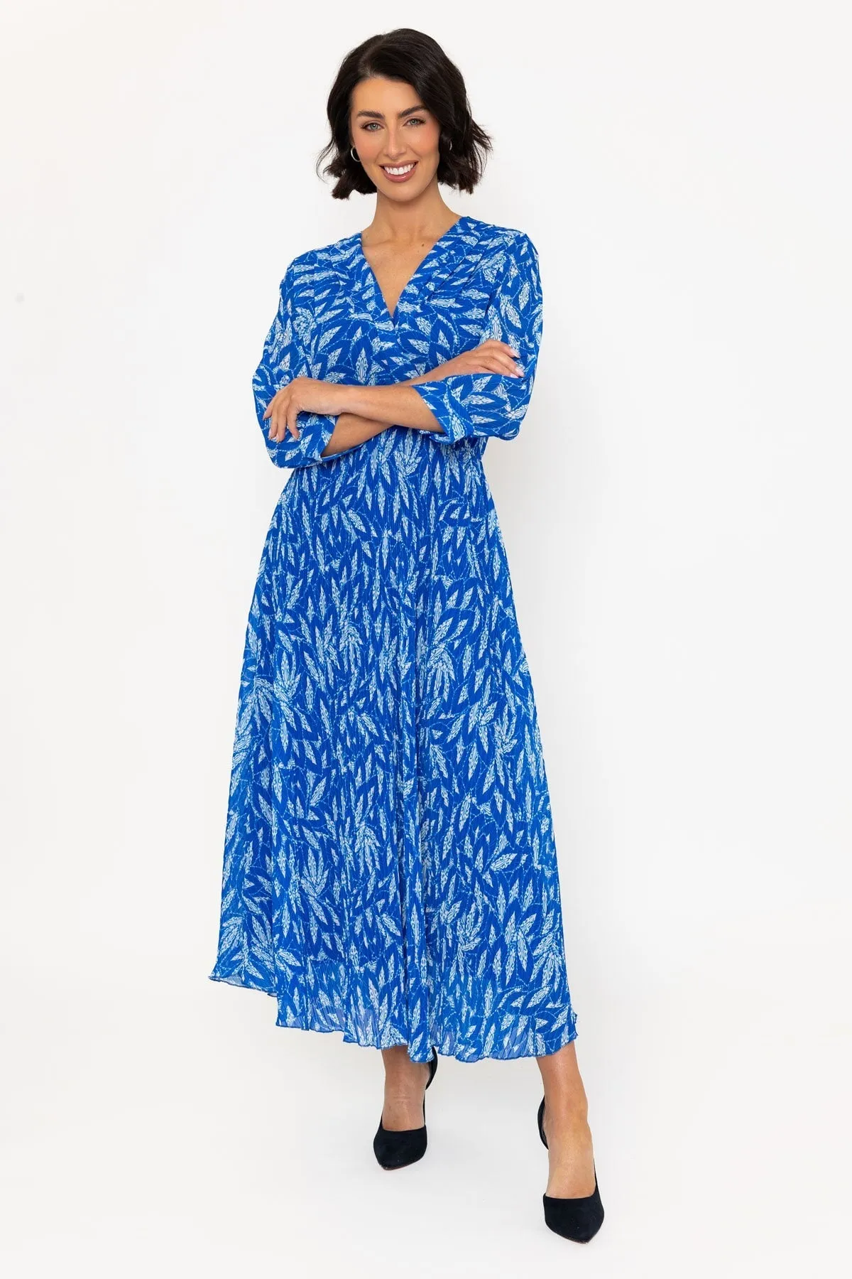 Blue Print 3/4 Length Sleeve Hannah Midi Dress