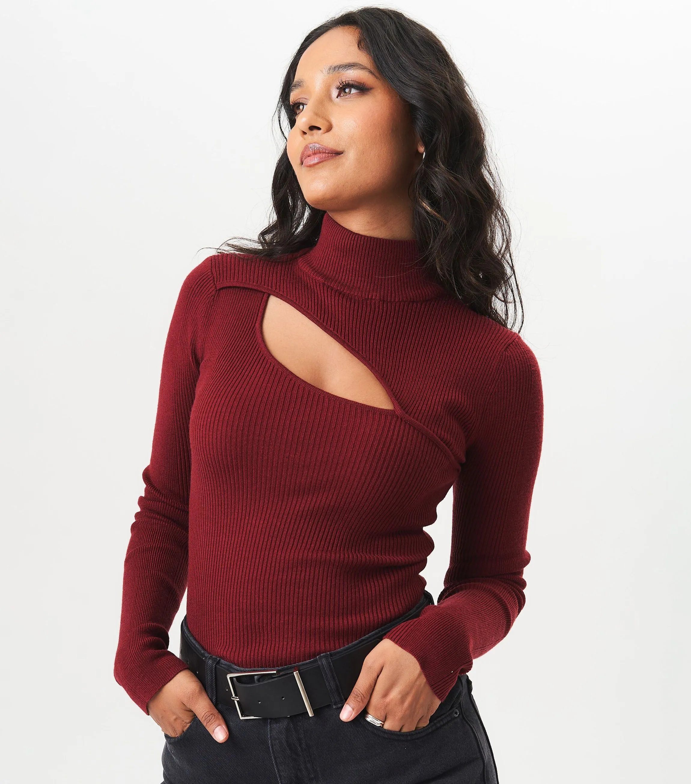 Burgundy High Neck Cut Out Detail Jumper