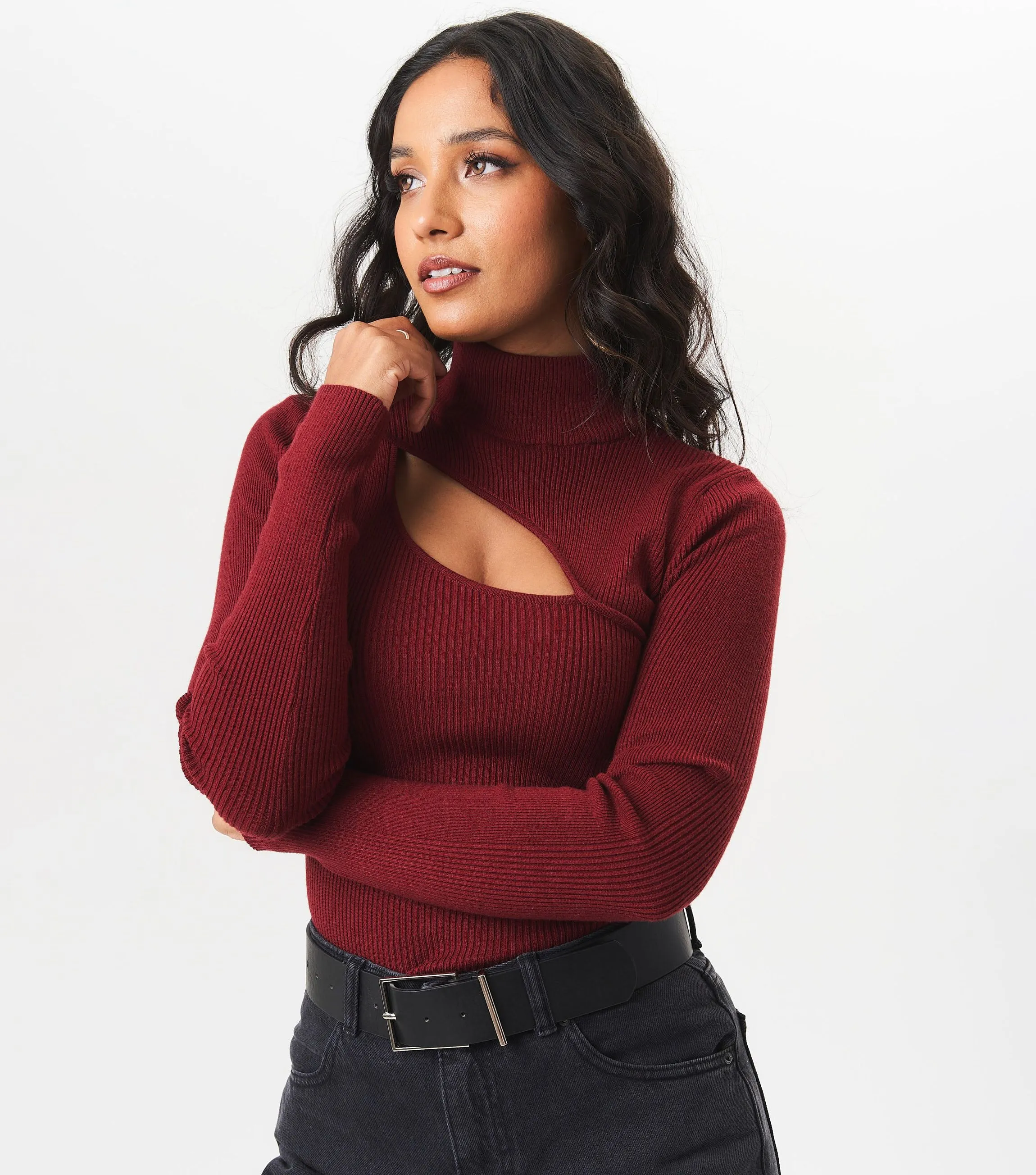 Burgundy High Neck Cut Out Detail Jumper