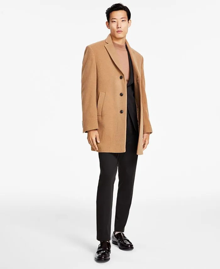 Calvin Klein Men's Prosper Wool-Blend Slim Fit Overcoat Coat 40S Camel