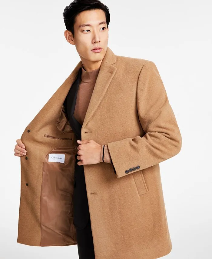 Calvin Klein Men's Prosper Wool-Blend Slim Fit Overcoat Coat 40S Camel