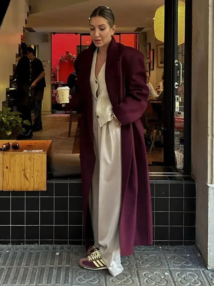Chic Burgundy Oversize Lapel Overcoat Women Wool Blend Double Breasted Long Sleeve Shoulder Pad Coat 2024 Autumn Female Outwear