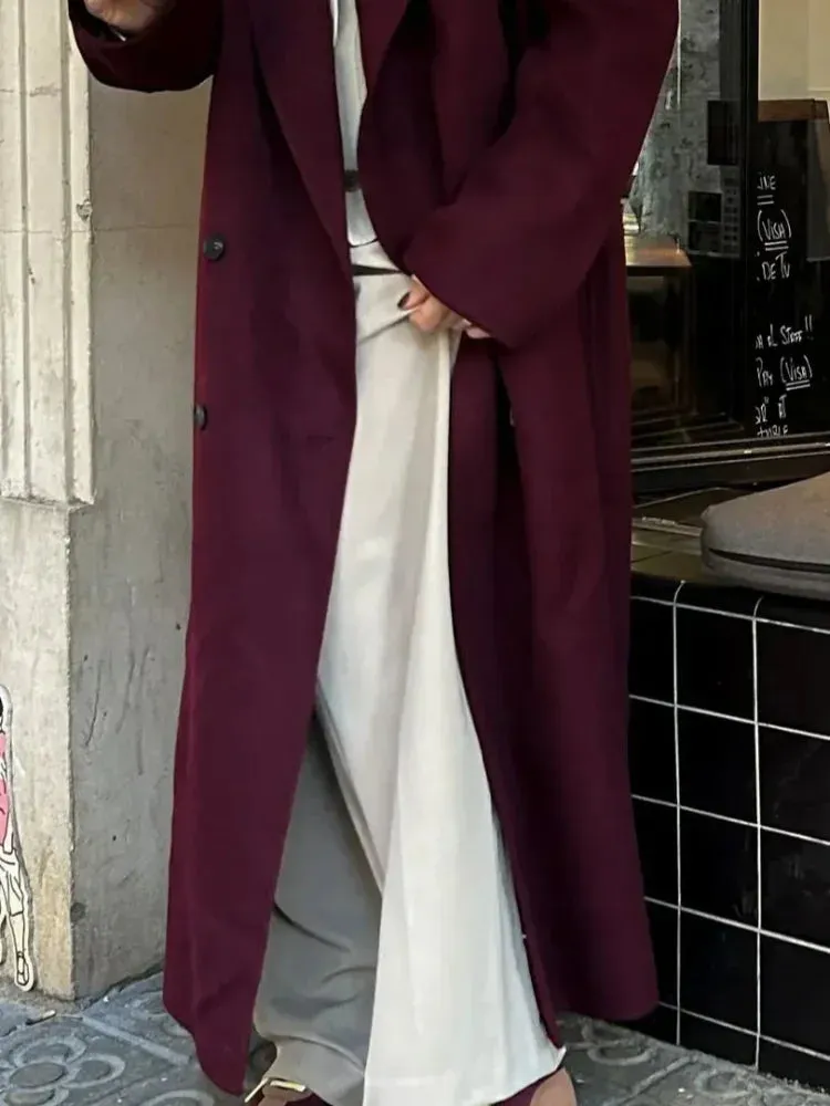 Chic Burgundy Oversize Lapel Overcoat Women Wool Blend Double Breasted Long Sleeve Shoulder Pad Coat 2024 Autumn Female Outwear