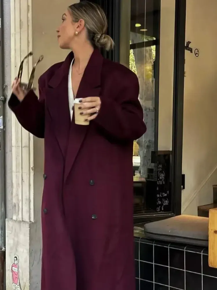 Chic Burgundy Oversize Lapel Overcoat Women Wool Blend Double Breasted Long Sleeve Shoulder Pad Coat 2024 Autumn Female Outwear