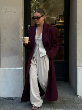 Chic Burgundy Oversize Lapel Overcoat Women Wool Blend Double Breasted Long Sleeve Shoulder Pad Coat 2024 Autumn Female Outwear