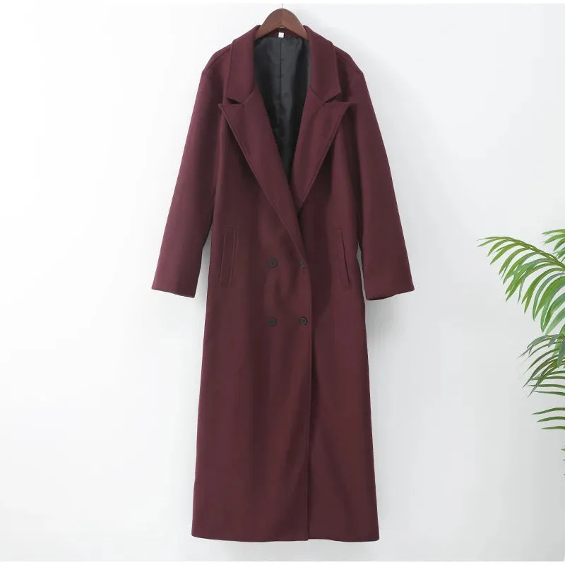 Chic Burgundy Oversize Lapel Overcoat Women Wool Blend Double Breasted Long Sleeve Shoulder Pad Coat 2024 Autumn Female Outwear