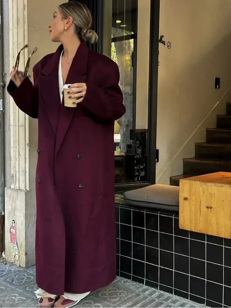 Chic Burgundy Oversize Lapel Overcoat Women Wool Blend Double Breasted Long Sleeve Shoulder Pad Coat 2024 Autumn Female Outwear