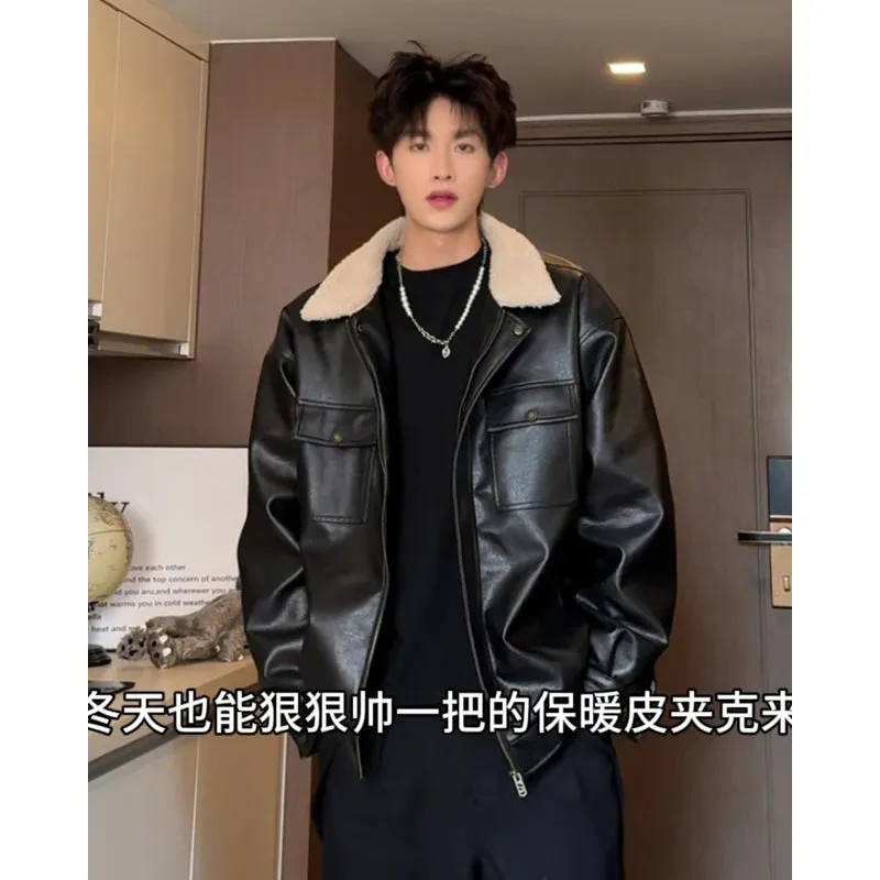Chicmy-Lamb wool Patchwork Lapel Thick Jacket Coat Men Winter Moto Biker Streetwear Zipper Faux PU Leather Jacket Fleece Warm Outwear