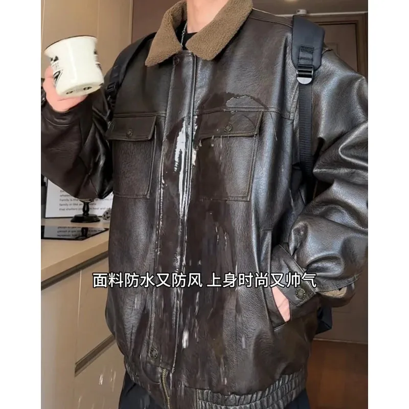 Chicmy-Lamb wool Patchwork Lapel Thick Jacket Coat Men Winter Moto Biker Streetwear Zipper Faux PU Leather Jacket Fleece Warm Outwear