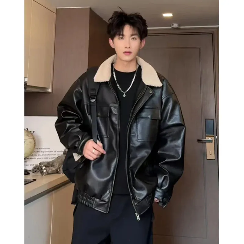 Chicmy-Lamb wool Patchwork Lapel Thick Jacket Coat Men Winter Moto Biker Streetwear Zipper Faux PU Leather Jacket Fleece Warm Outwear