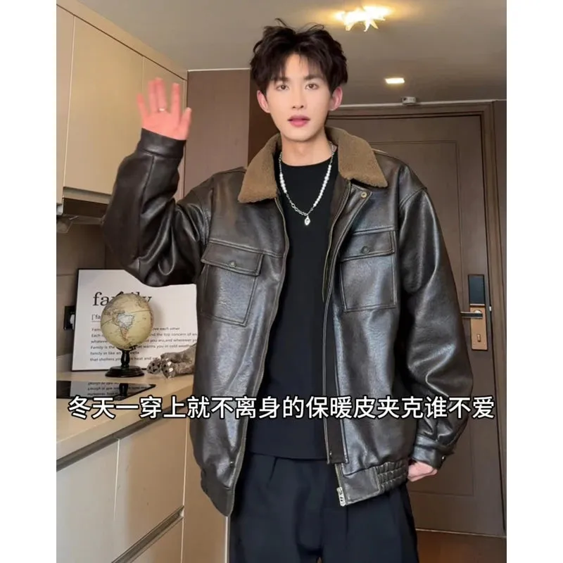 Chicmy-Lamb wool Patchwork Lapel Thick Jacket Coat Men Winter Moto Biker Streetwear Zipper Faux PU Leather Jacket Fleece Warm Outwear