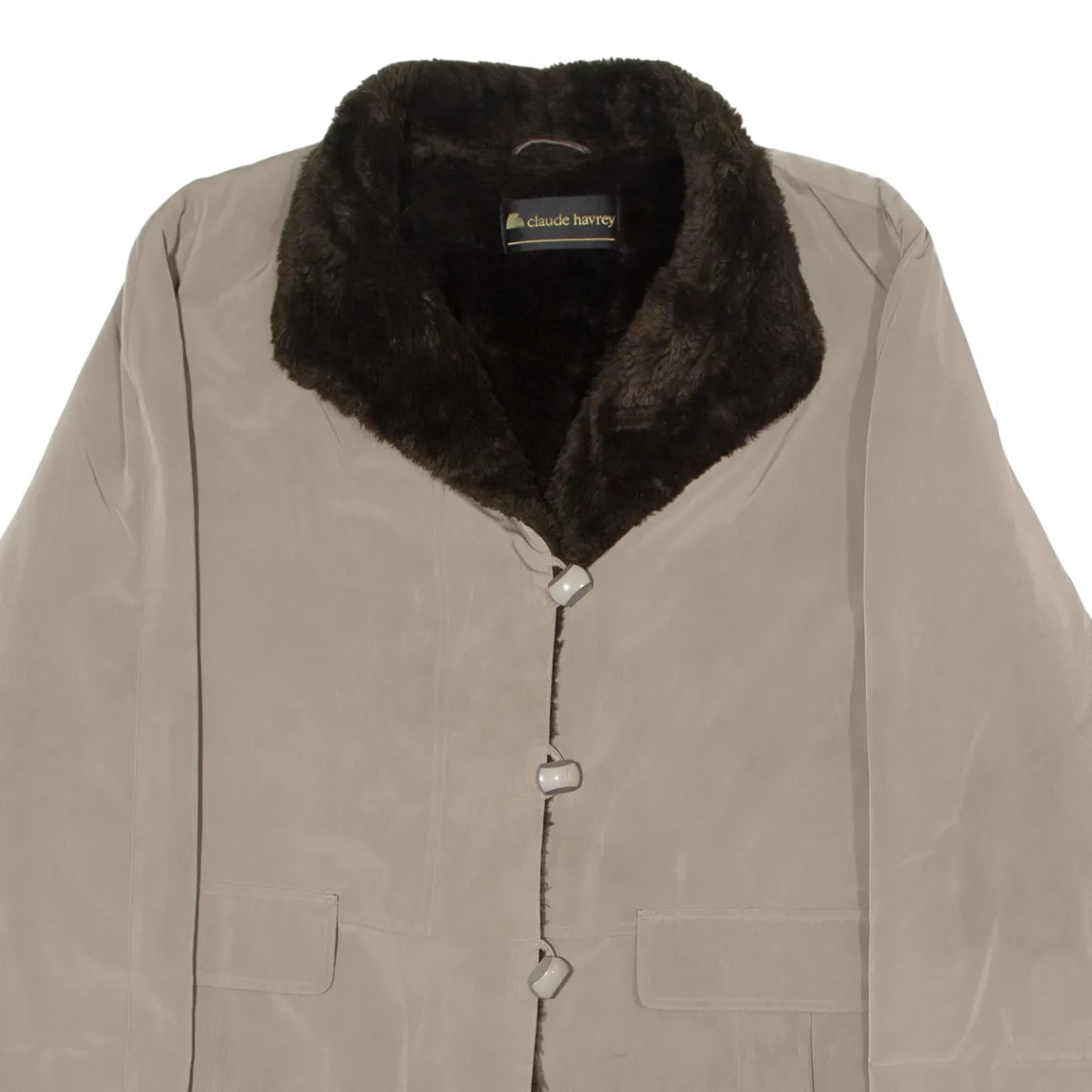 CLAUDE HARVEY Faux Fur Lined Womens Overcoat Coat Beige 90s XL