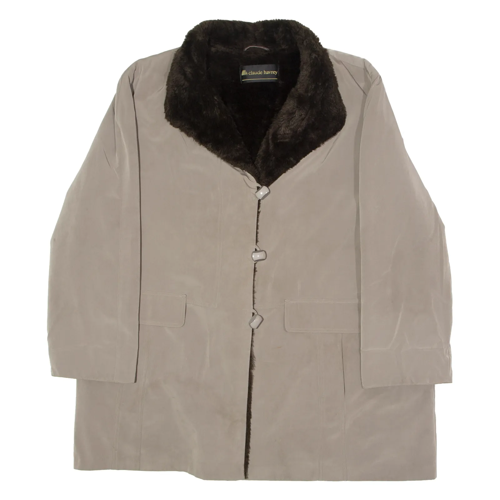CLAUDE HARVEY Faux Fur Lined Womens Overcoat Coat Beige 90s XL