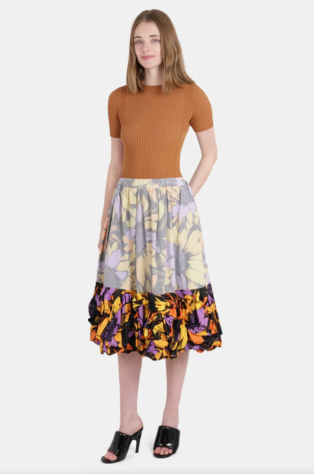 Contrast Detail Floral Print Midi Skirt with Ruffle Hem | Multi