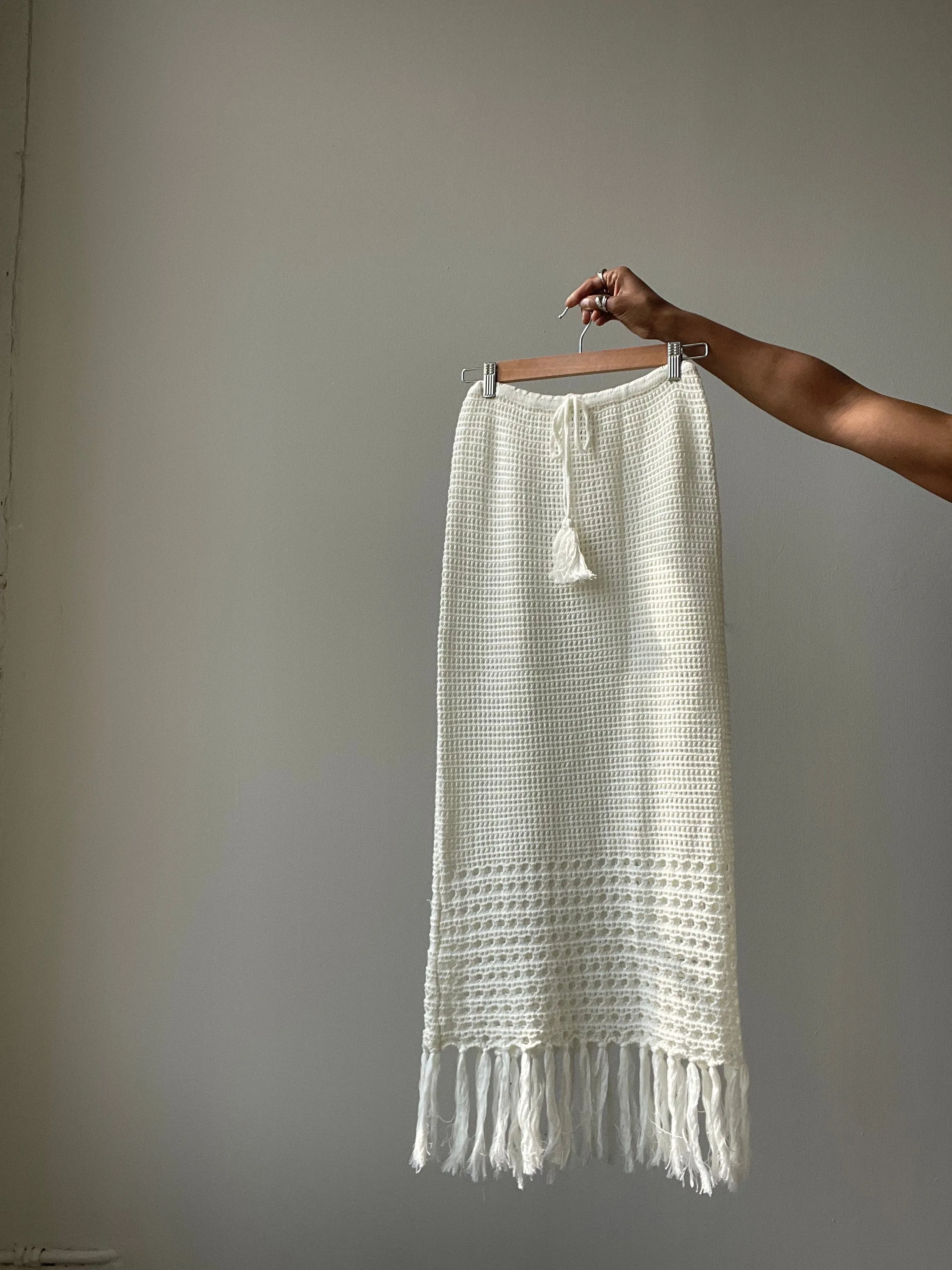 Courtney Cotton Crochet Fringe Midi Skirt In Ivory