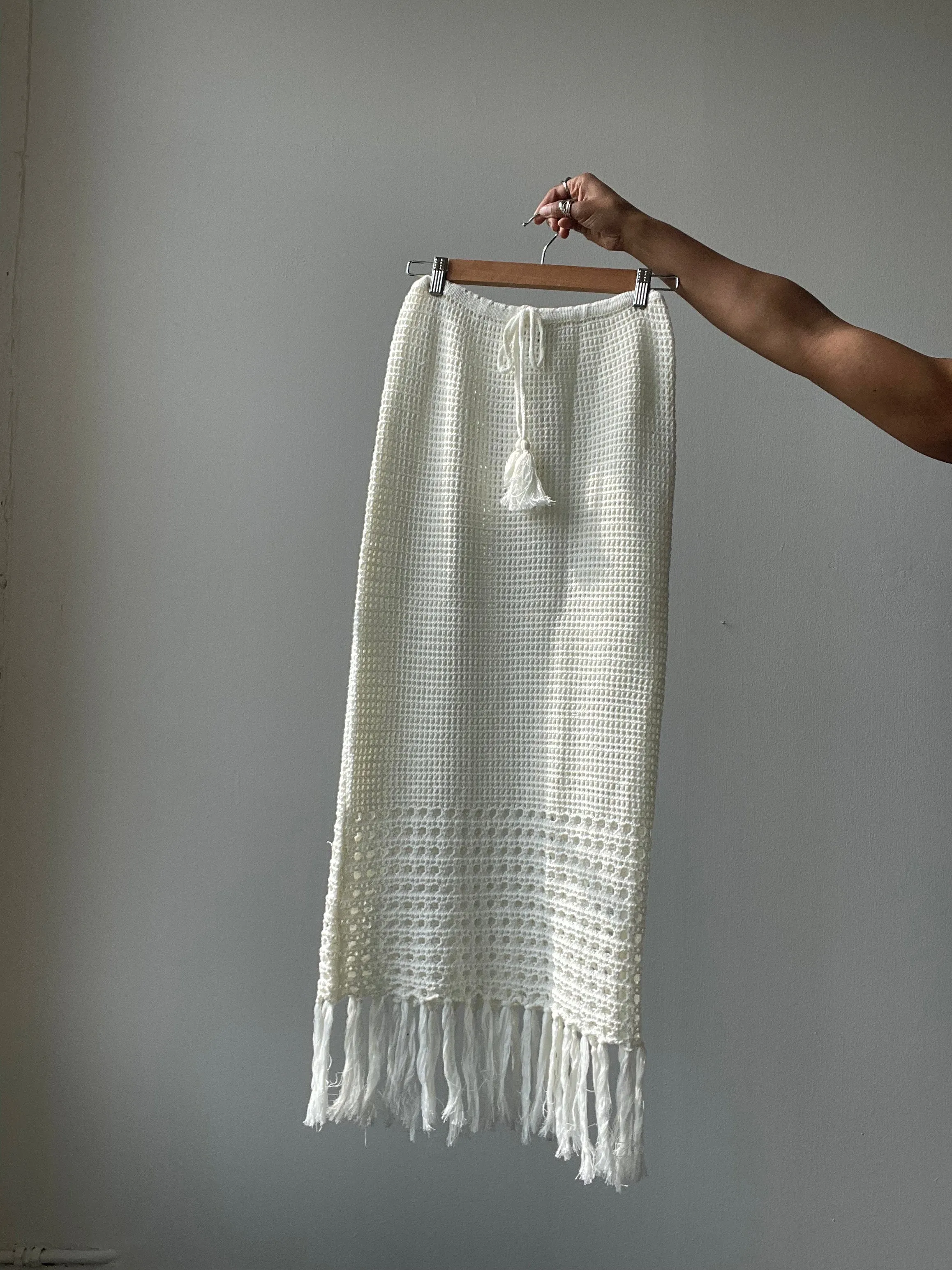 Courtney Cotton Crochet Fringe Midi Skirt In Ivory
