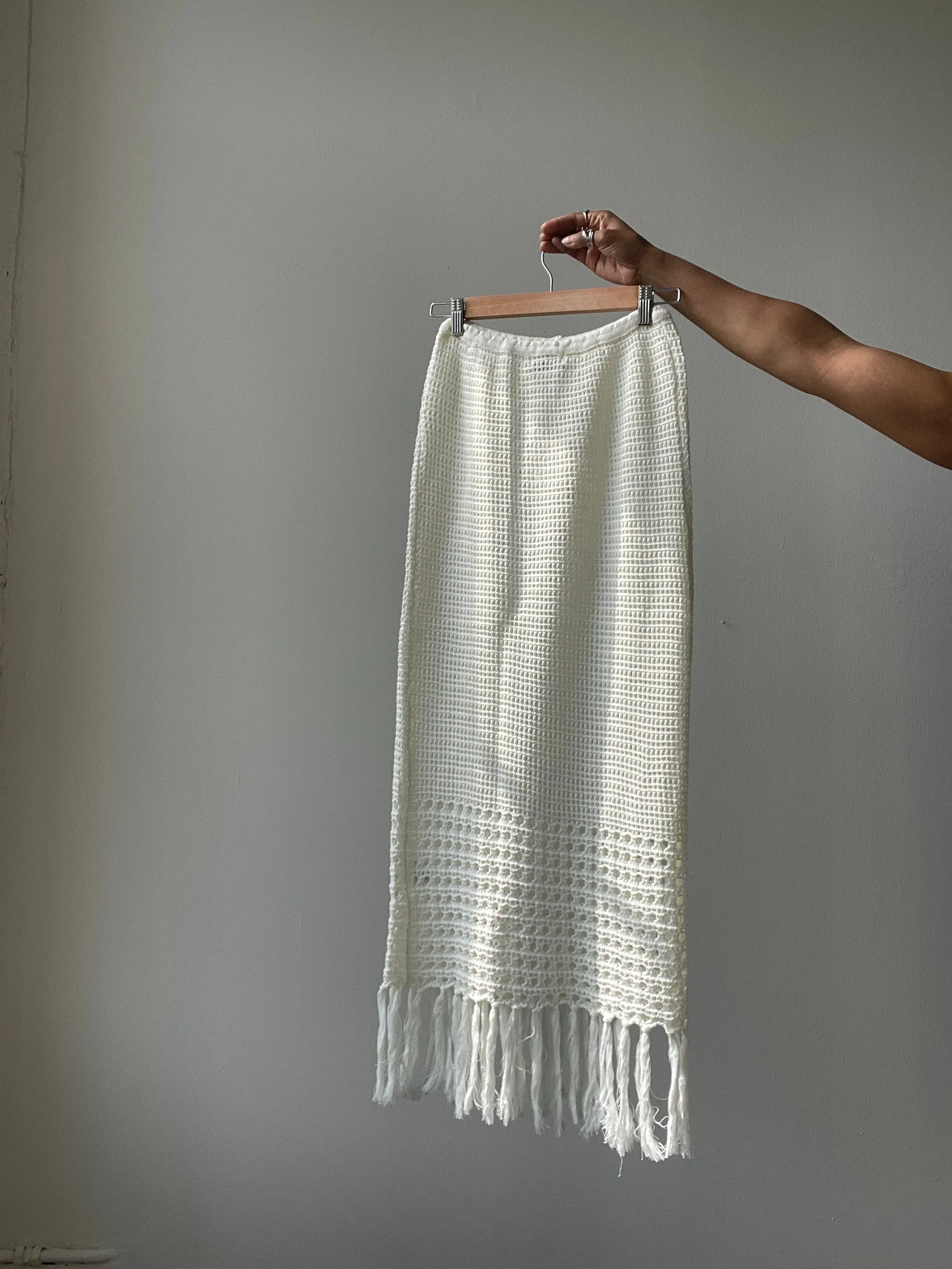Courtney Cotton Crochet Fringe Midi Skirt In Ivory