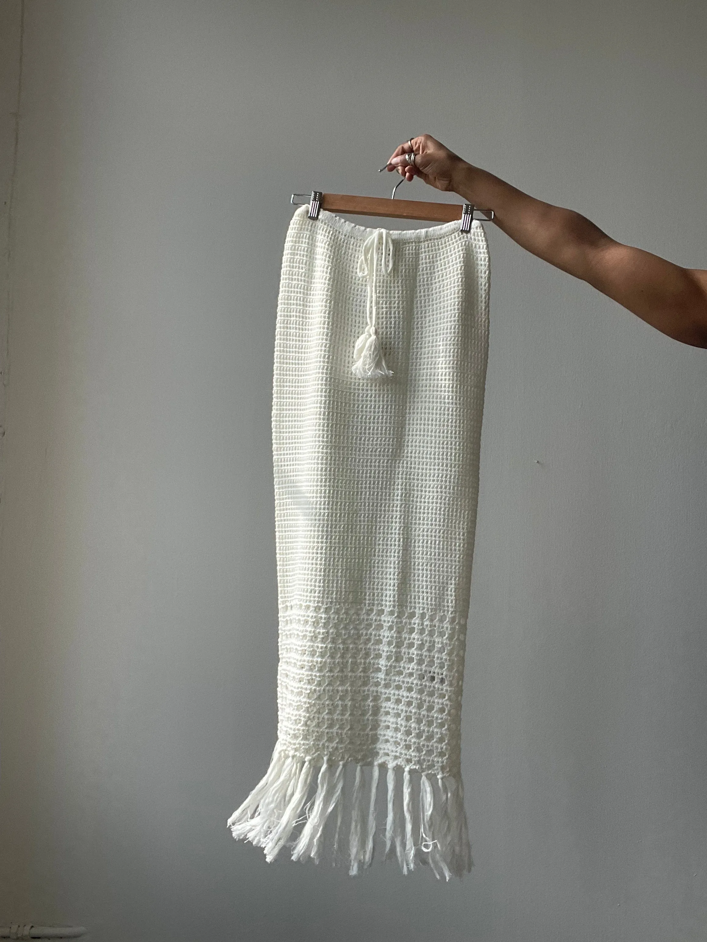 Courtney Cotton Crochet Fringe Midi Skirt In Ivory