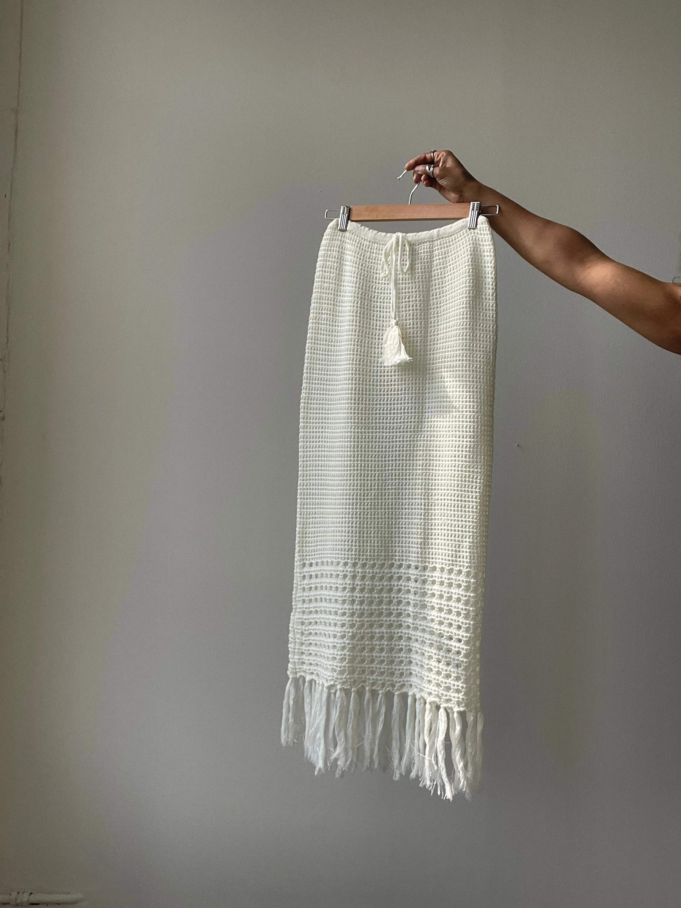Courtney Cotton Crochet Fringe Midi Skirt In Ivory