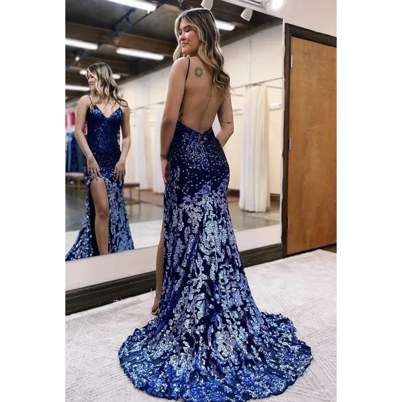 Couture Ornate Spaghetti Straps V-Neck Backless Sequins Mermaid Slit Prom Dress