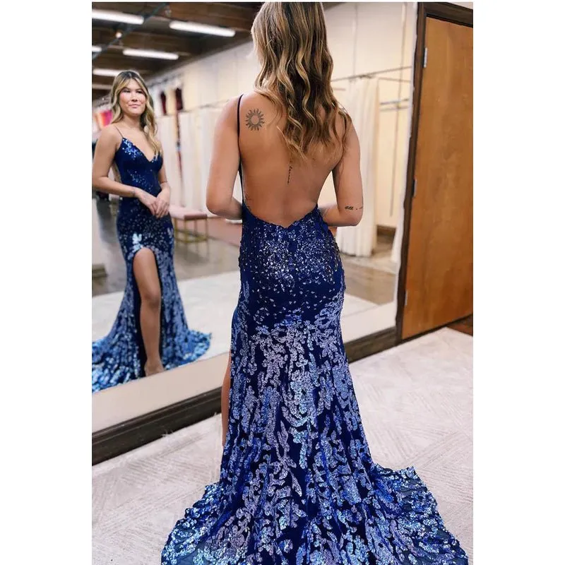 Couture Ornate Spaghetti Straps V-Neck Backless Sequins Mermaid Slit Prom Dress