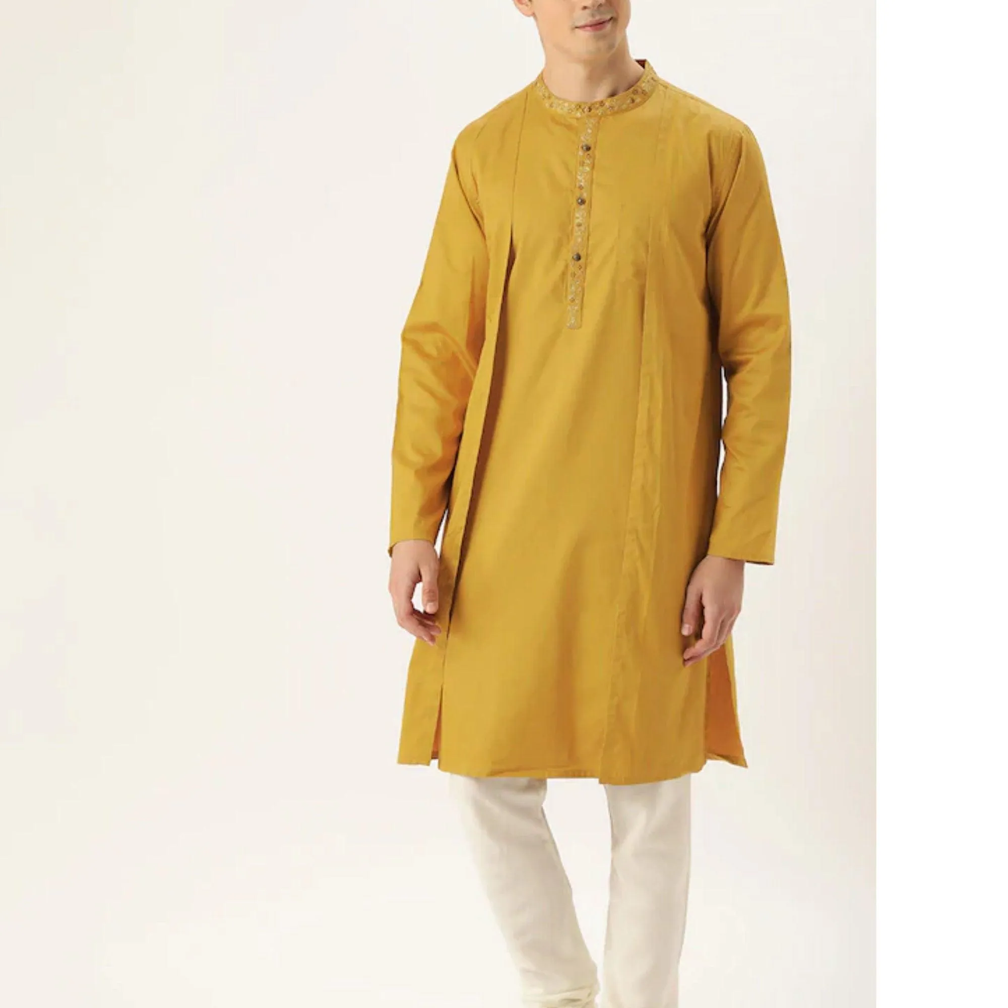 Custom made embroidered men wedding kurta pajama set , 100% cotton  yellow kurta for men , Indian Men Tunic , multistyle kurta , xl to 4xl