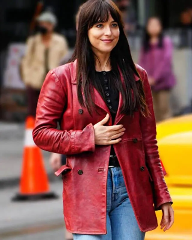Dakota Johnson Madame Web Maroon Leather Coat