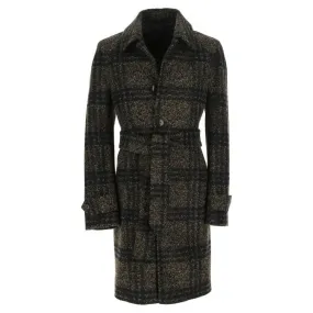 Dark Brown Check Tartan Jersey Wool Coat