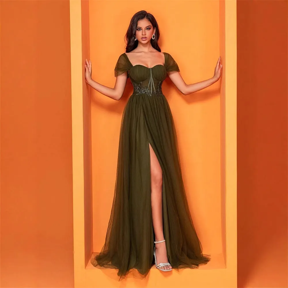 Elegant Chiffon Green Split Cocktail Evening Dress