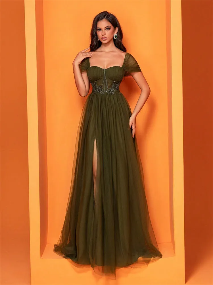 Elegant Chiffon Green Split Cocktail Evening Dress