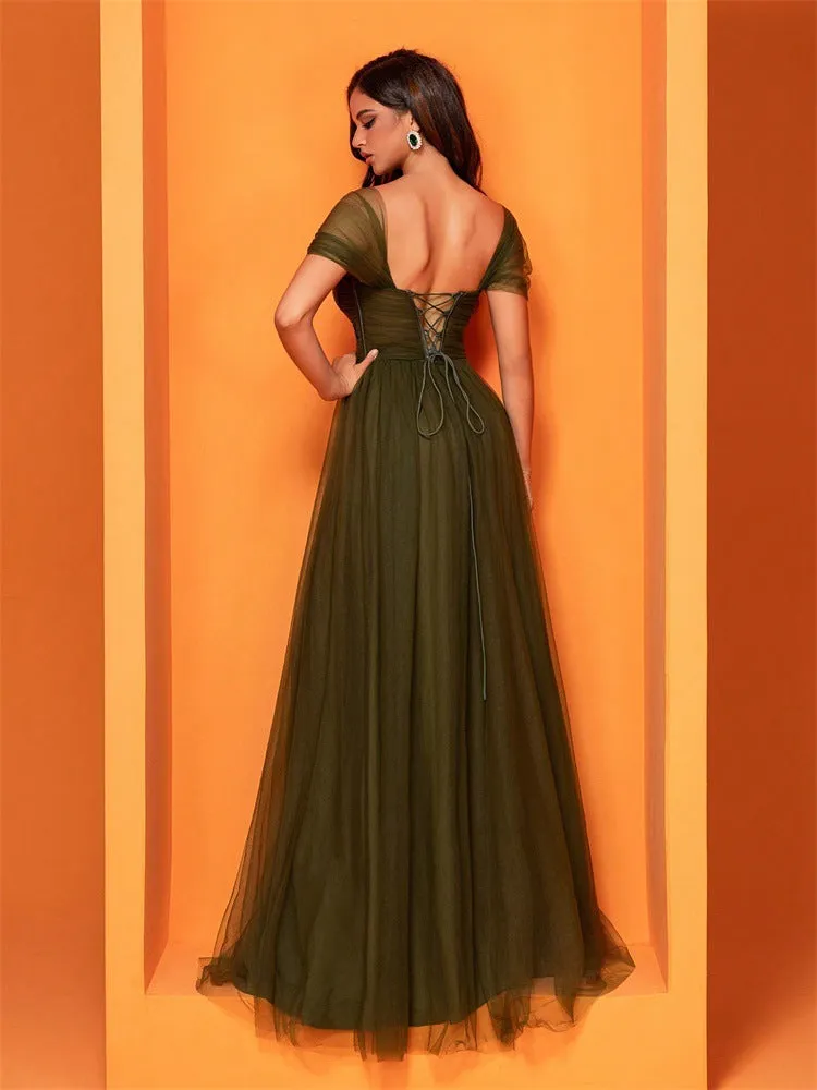Elegant Chiffon Green Split Cocktail Evening Dress