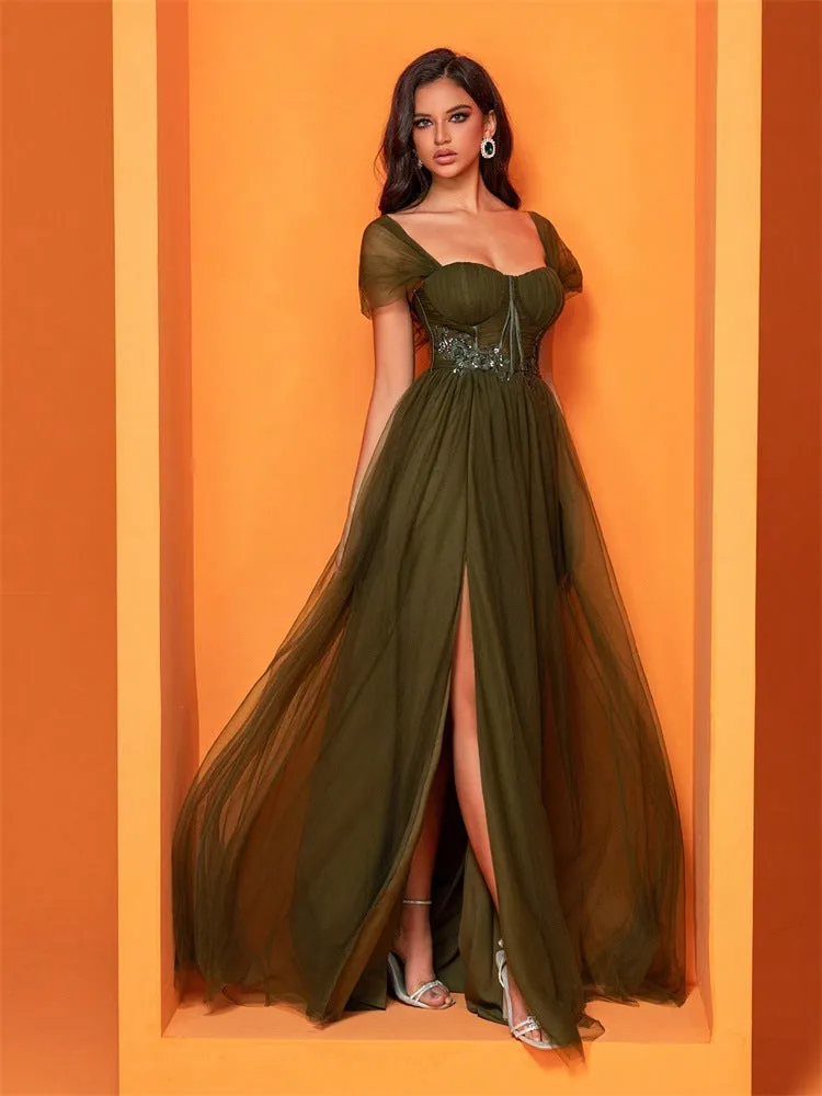 Elegant Chiffon Green Split Cocktail Evening Dress