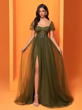 Elegant Chiffon Green Split Cocktail Evening Dress