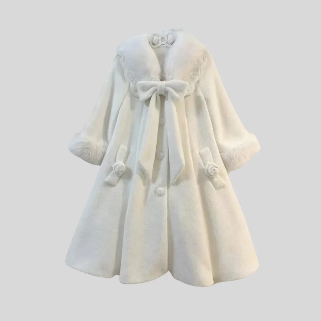 Elegant Plush Long Coat  Bow - Ivory
