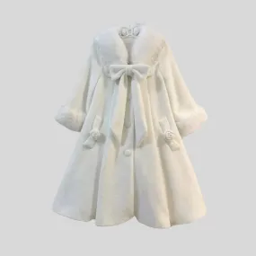 Elegant Plush Long Coat  Bow - Ivory