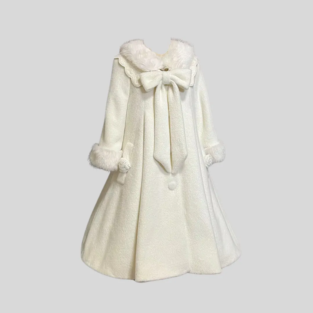 Elegant Plush Long Coat  Bow - Ivory