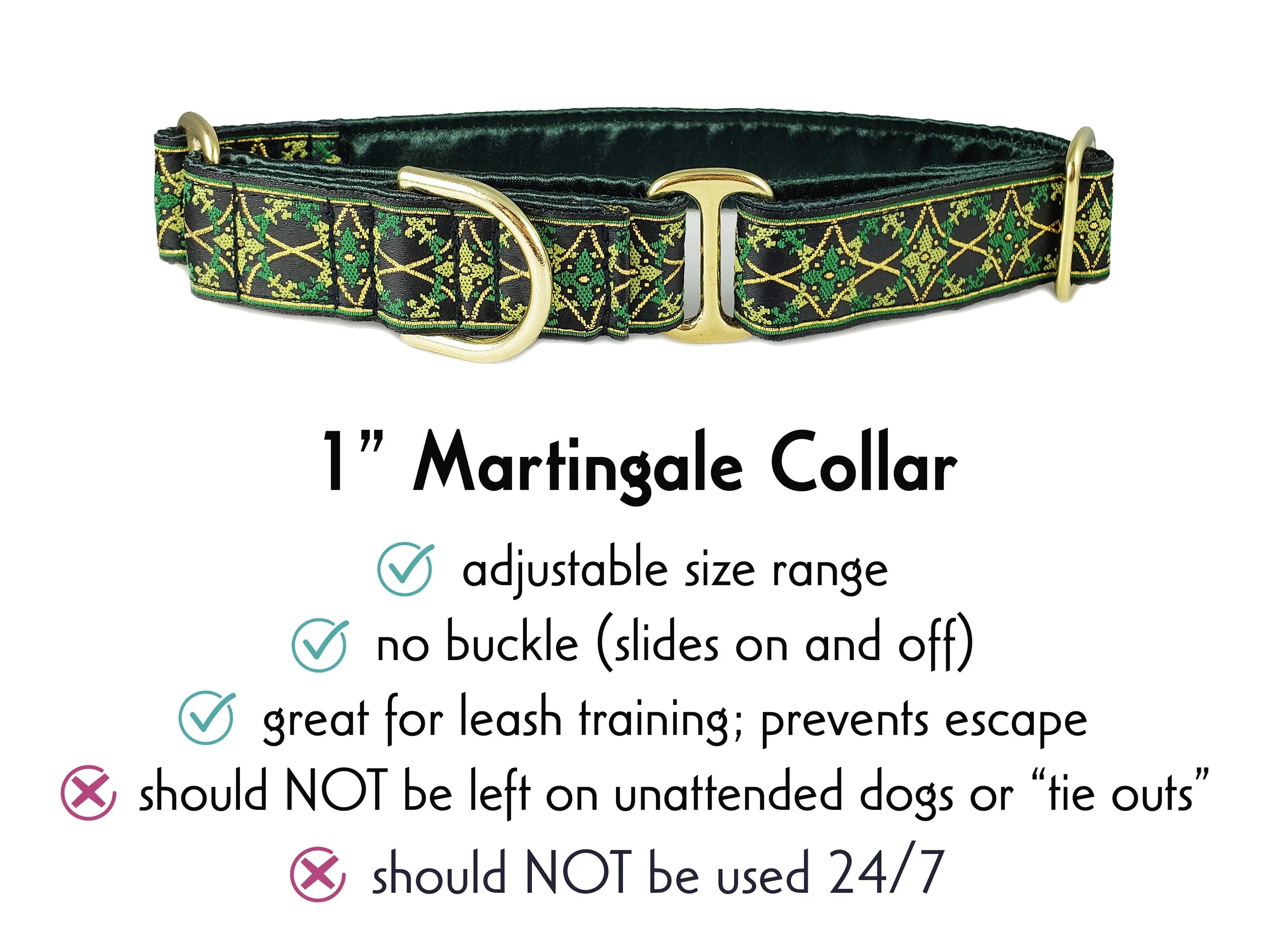 Exeter in Green & Gold - Martingale or Buckle Dog Collar - 1" Width