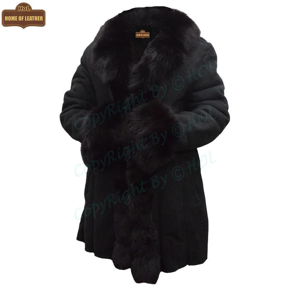 F001 HoL Brand Women's Real Black Suede Leather Coat