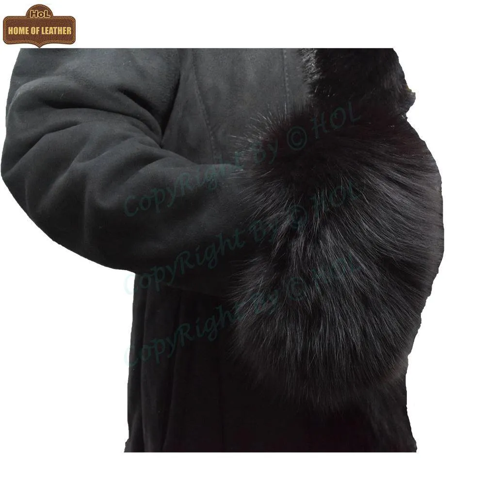 F001 HoL Brand Women's Real Black Suede Leather Coat